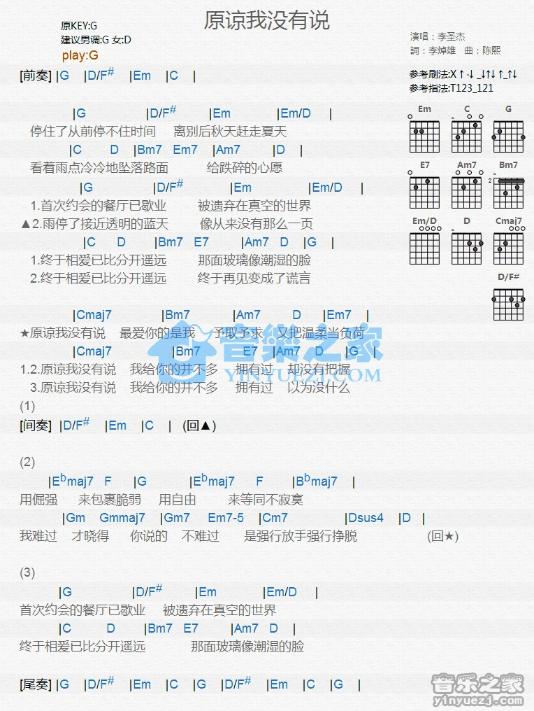 《原谅我没有说》吉他和弦弹唱谱G调版吉它谱