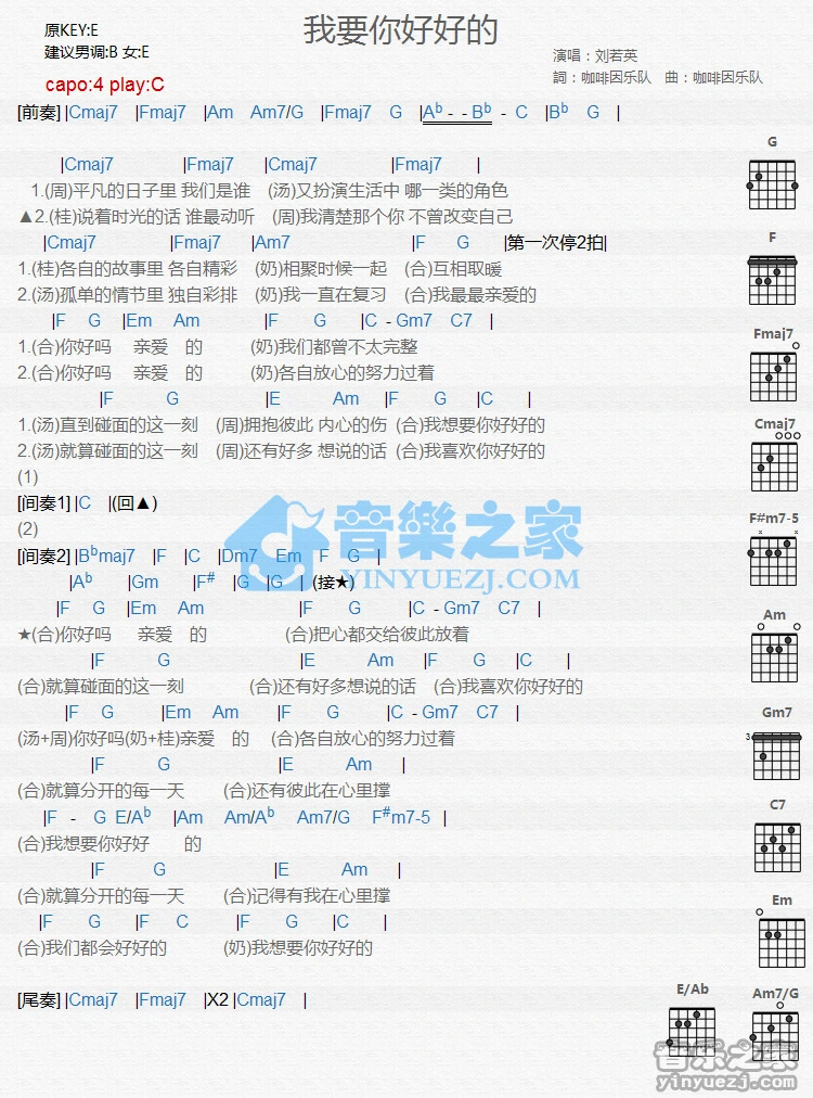 《我要你好好的》吉他和弦弹唱谱C调版吉它谱