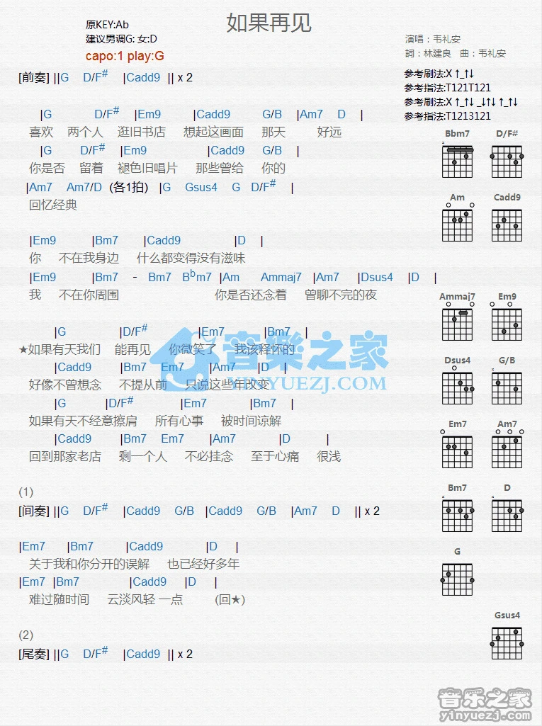 《如果再见》吉他和弦弹唱谱G调版吉它谱