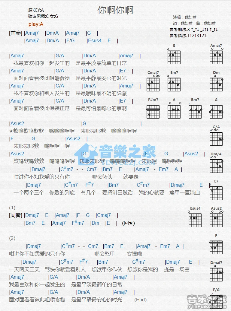 《你啊你啊》吉他和弦弹唱谱A调版吉它谱