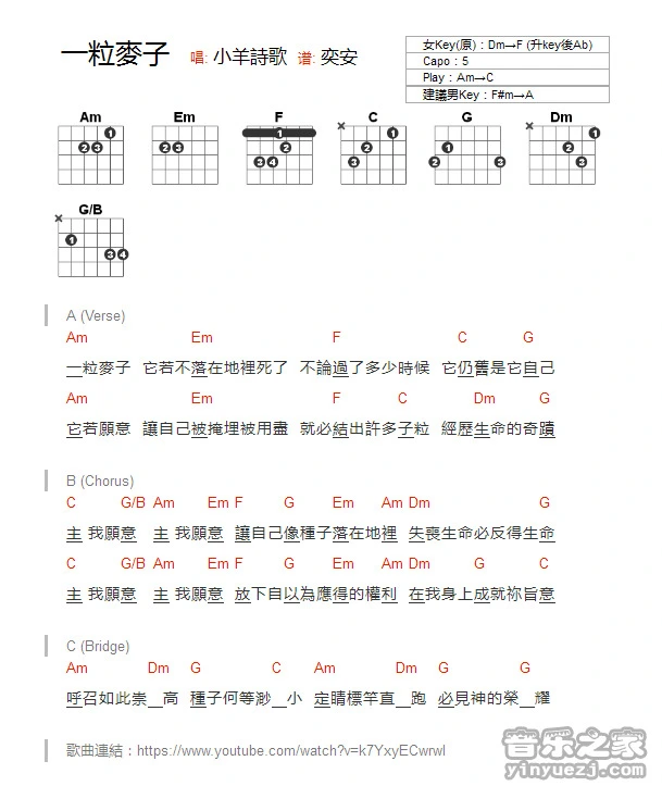 《一粒麦子》吉他和弦弹唱谱C调版吉它谱