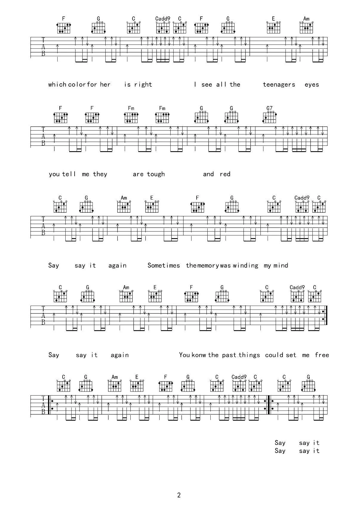 《Say》again盘尼西林乐队C调弹唱谱吉它谱