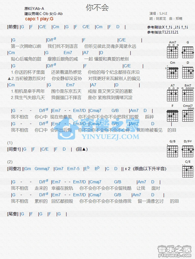 《你不会》吉他和弦弹唱谱G调版吉它谱