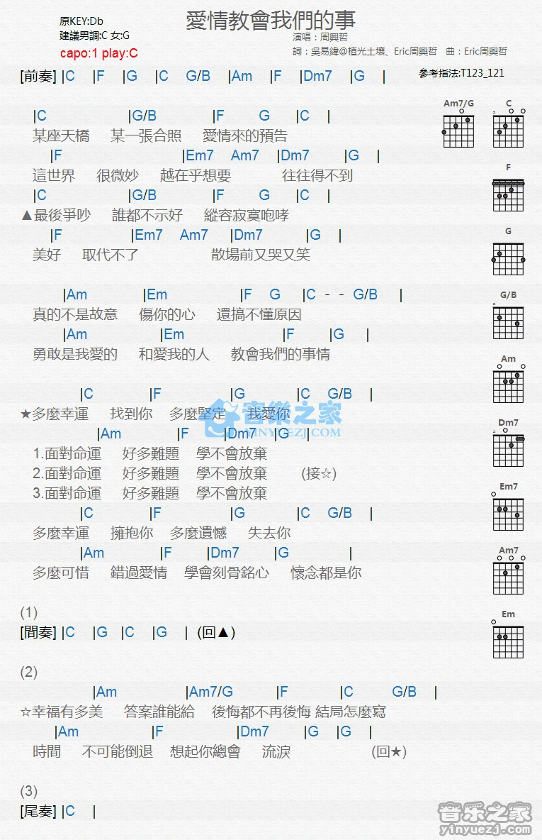 《爱情教会我们的事》吉他和弦弹唱谱C调版吉它谱