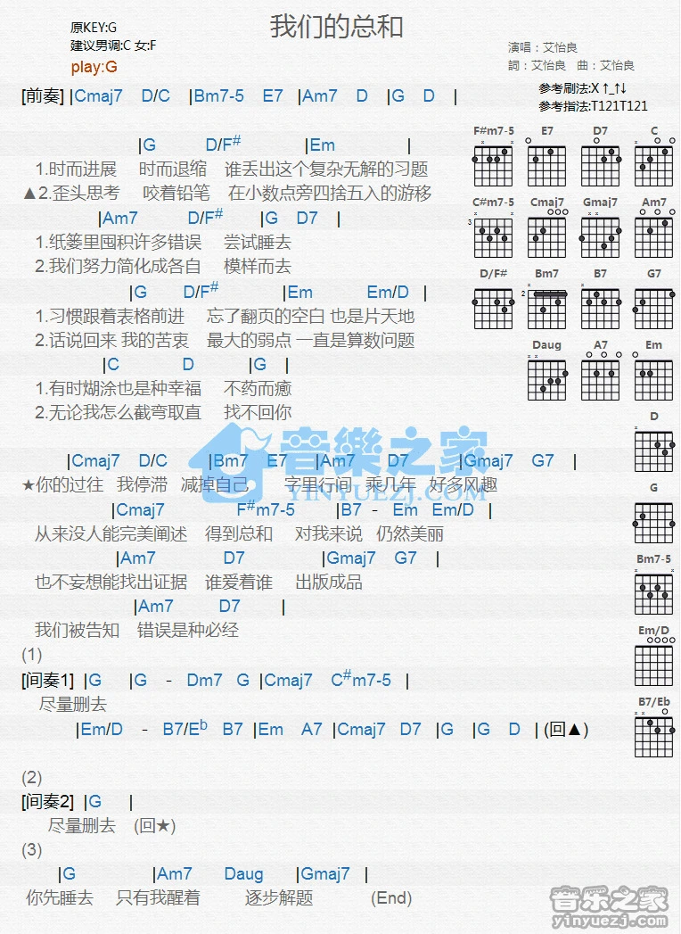 《我们的总和》吉他和弦弹唱谱G调版吉它谱