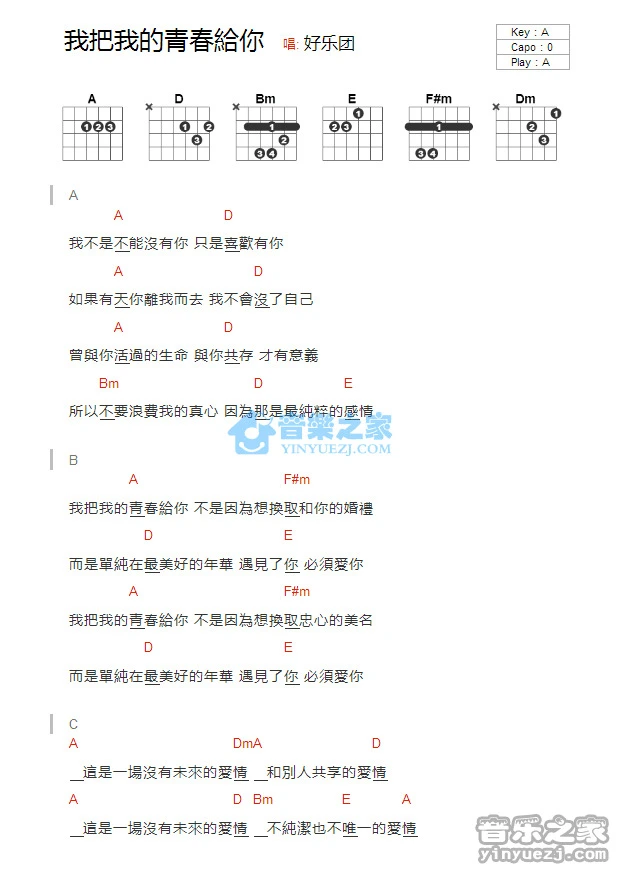 《我把我的青春给你》吉他和弦弹唱谱A调版吉它谱