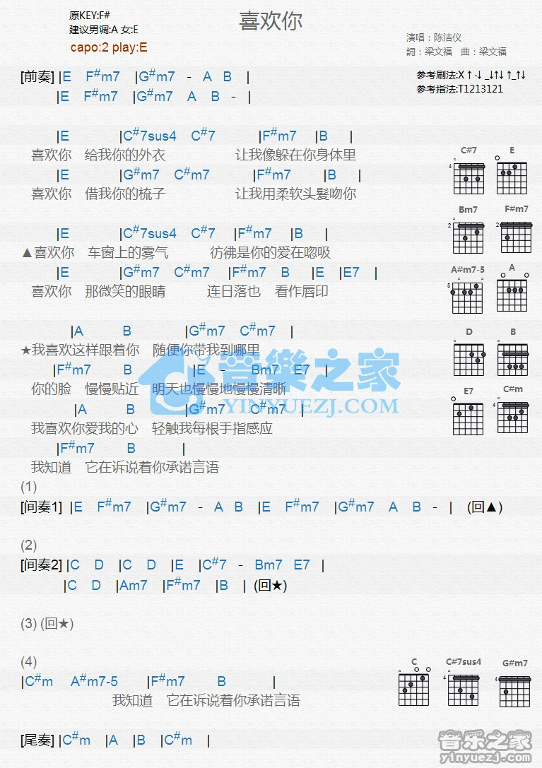 《喜欢你》吉他和弦弹唱谱E调版吉它谱