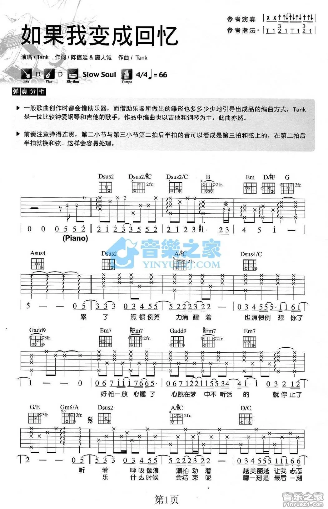 如果我变成回忆吉他谱_Tank_G调原版_吉他弹唱六线谱 - 酷琴谱