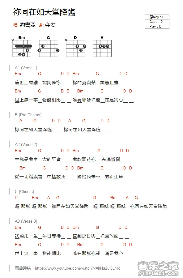 《你同在如天堂降临》吉他和弦弹唱谱D调版吉它谱