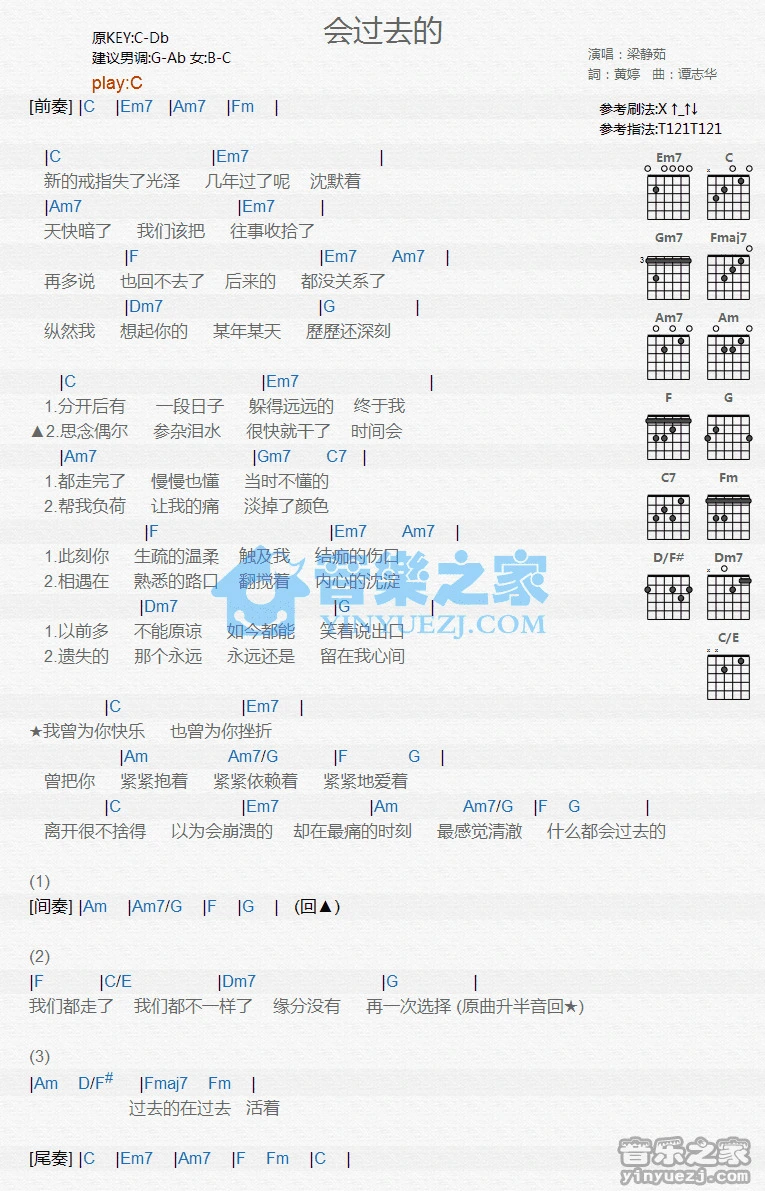 《会过去的》吉他和弦弹唱谱C调版吉它谱