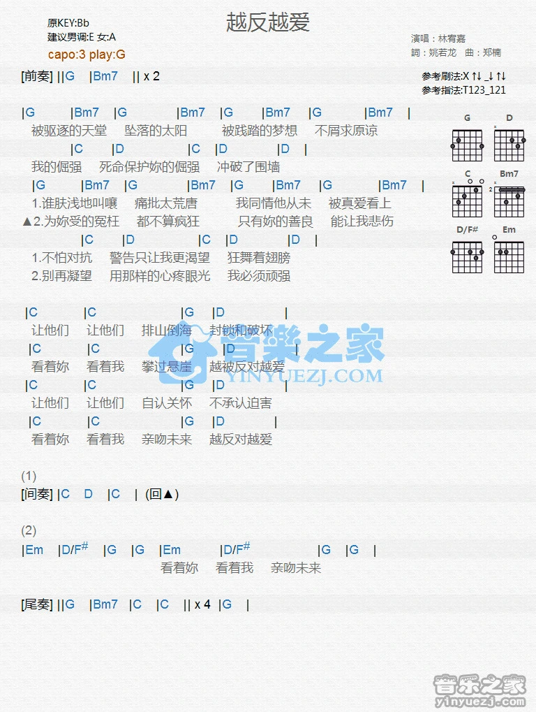 《越反越爱》吉他和弦弹唱谱G调版吉它谱