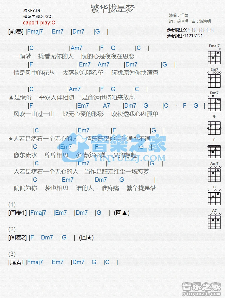 《繁华拢是梦》吉他和弦弹唱谱C调版吉它谱