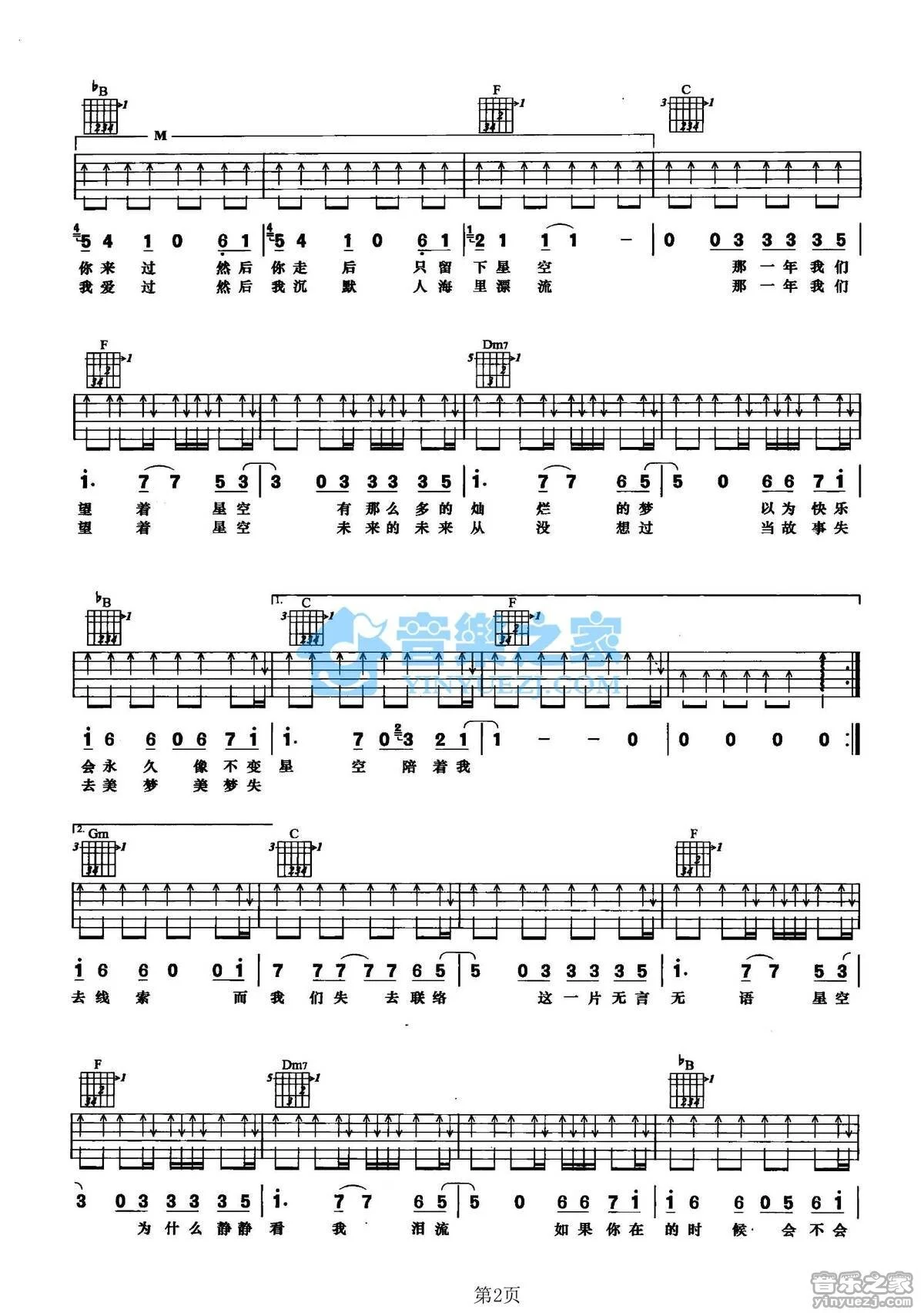 《星空》吉他弹唱F调版吉它谱