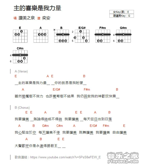 《主的喜乐是我力量》吉他和弦弹唱谱E调版吉它谱