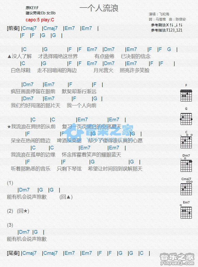 《一个人流浪》吉他和弦弹唱谱C调版吉它谱