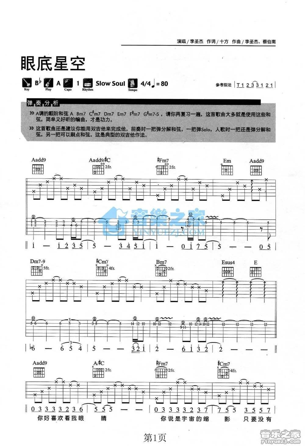 《眼底星空》吉他弹唱A调双吉他版吉它谱