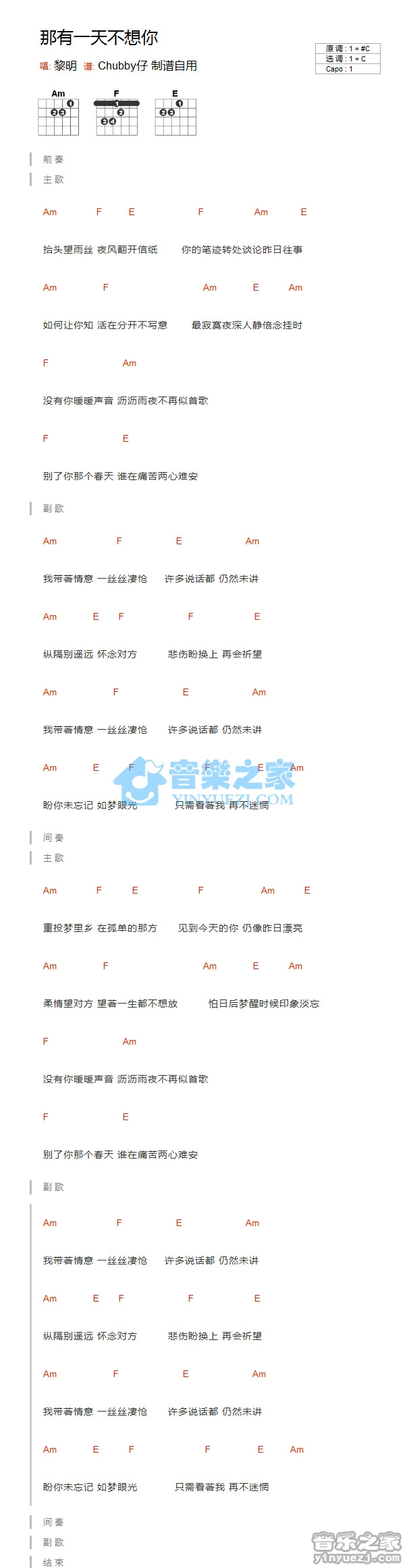 《哪有一天不想你》吉他和弦弹唱谱C调版吉它谱