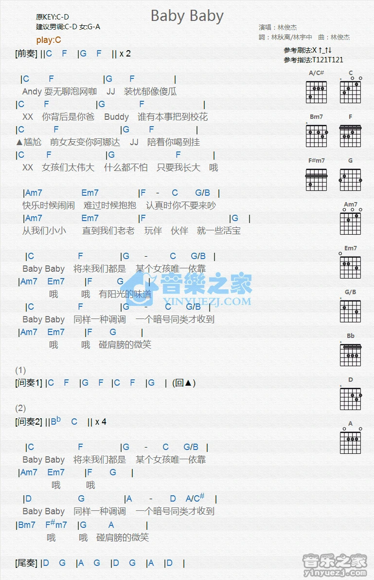 《BABYBABY》吉他和弦弹唱谱C调版吉它谱