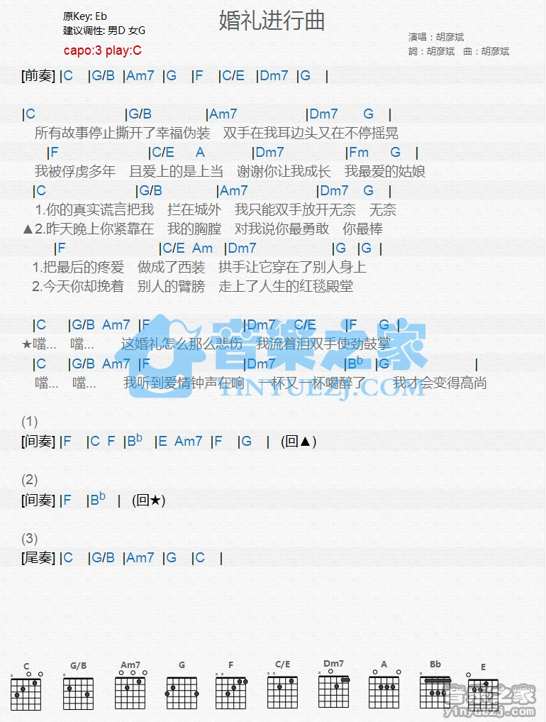 《婚礼进行曲》吉他和弦弹唱谱C调版吉它谱