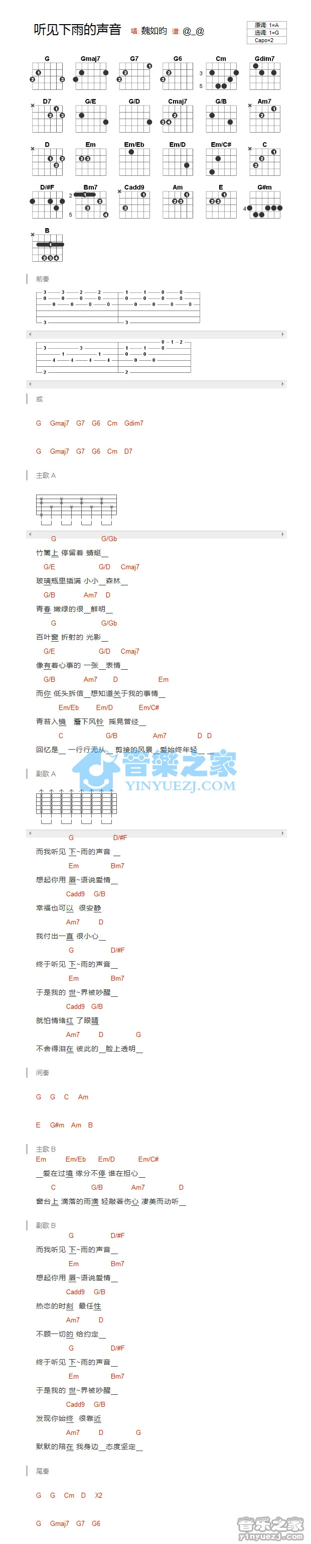 《听见下雨的声音》吉他和弦弹唱谱G调版吉它谱