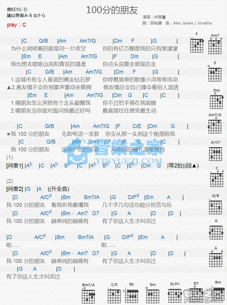 《100分的朋友》吉他和弦弹唱谱C调版吉它谱