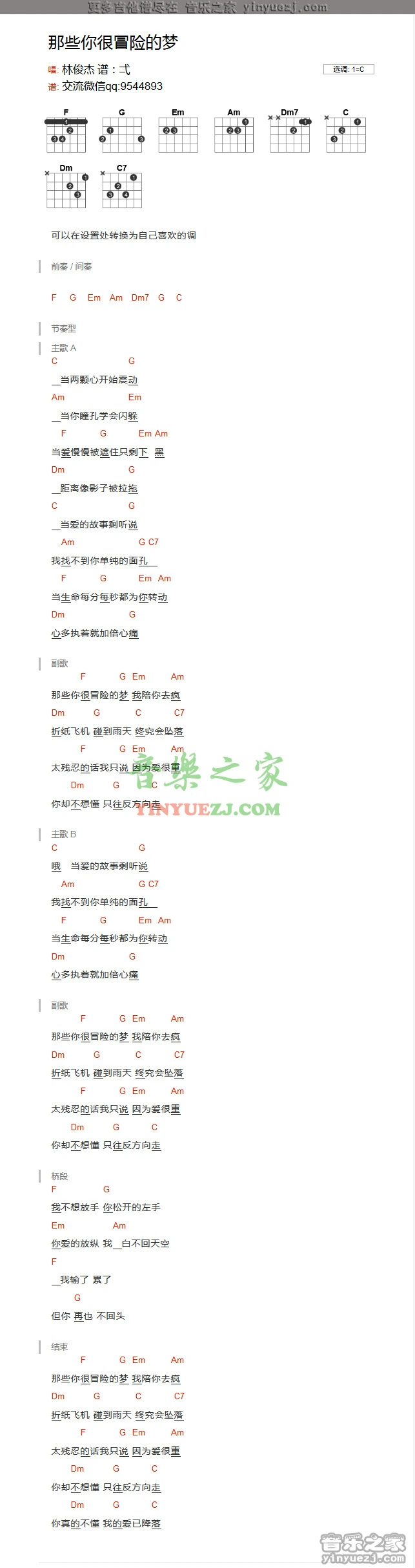 《最初的地方》吉他弹唱C调版吉它谱
