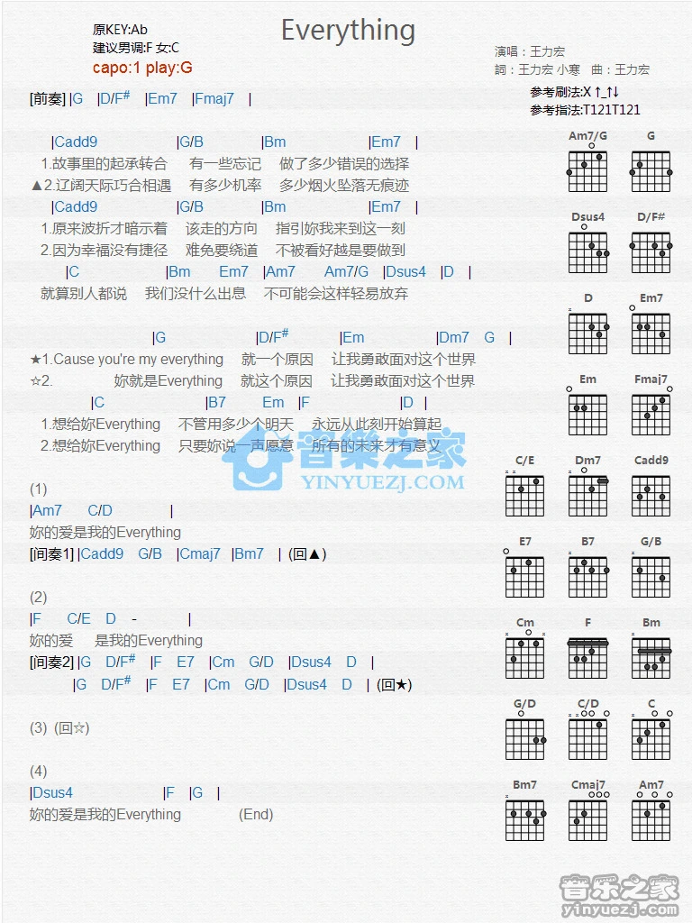 《Everything》吉他和弦弹唱谱G调版吉它谱