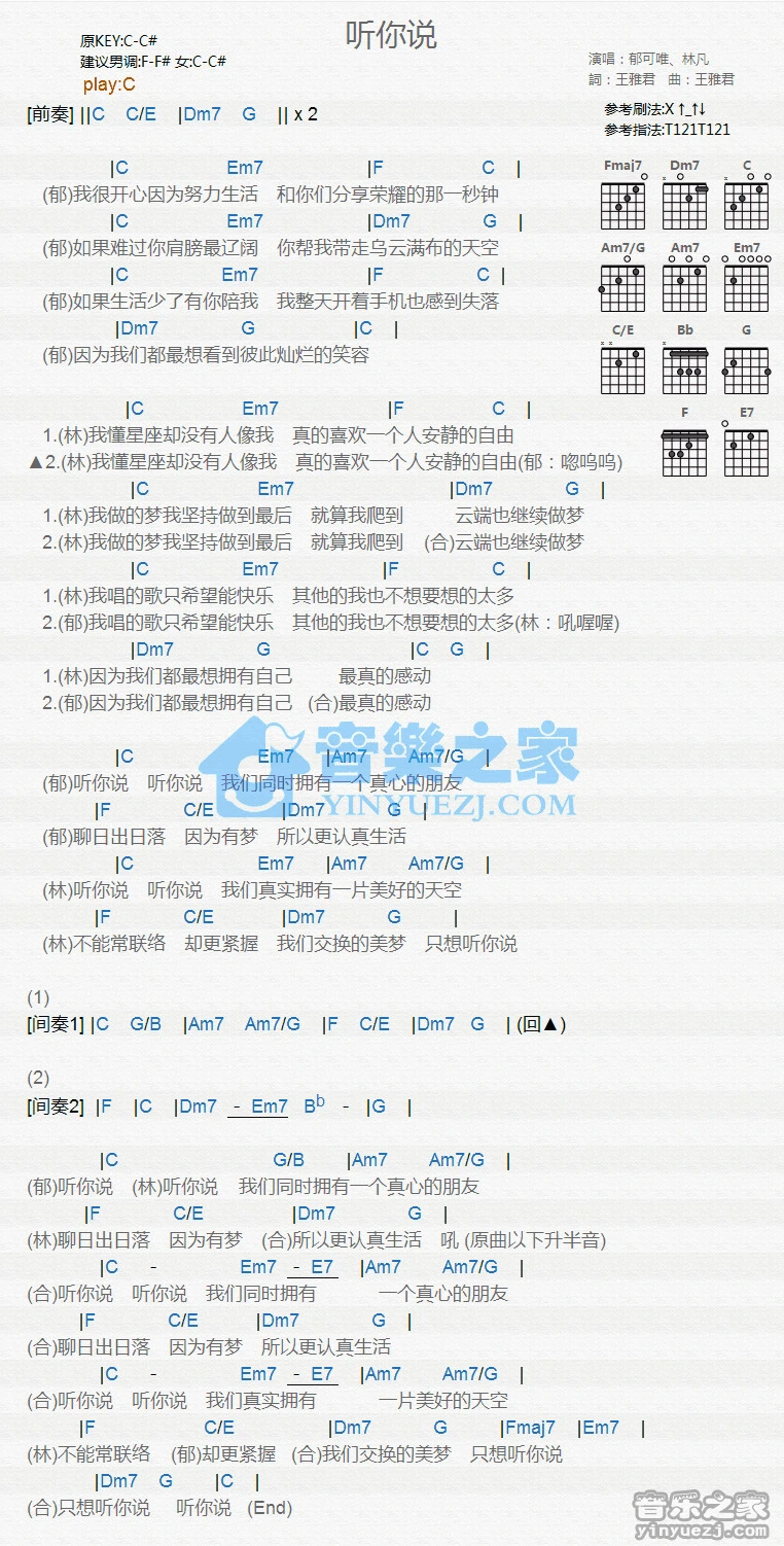 《听你说》吉他和弦弹唱谱C调版吉它谱