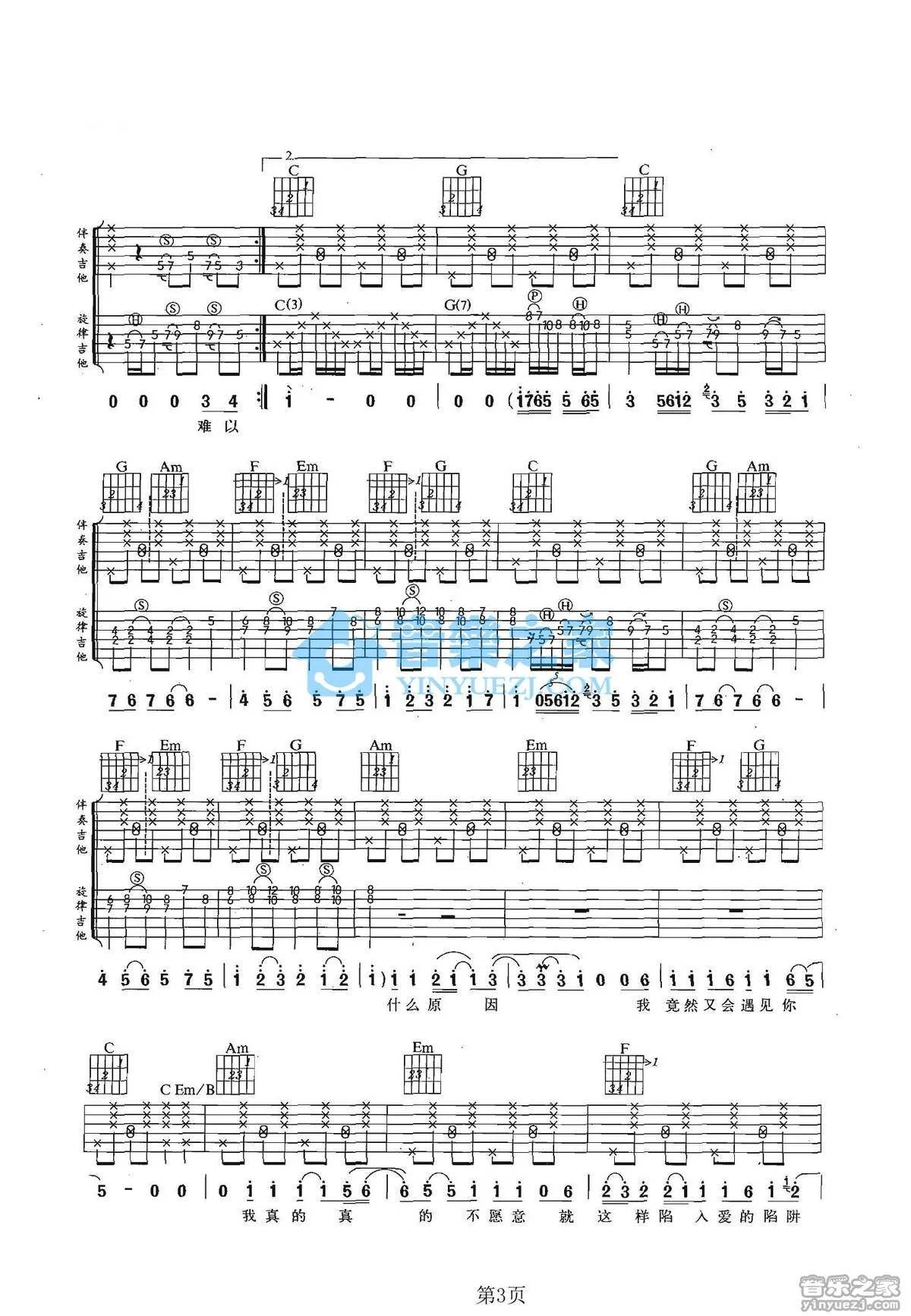 《情非得已》吉他弹唱C调双吉他版吉它谱