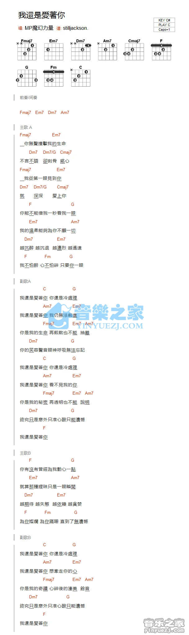 《我还是爱着你》吉他和弦弹唱谱C调版吉它谱