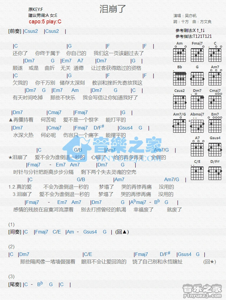 《泪崩了》吉他和弦弹唱谱C调版吉它谱