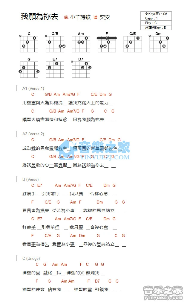 《我愿为你去》吉他和弦弹唱谱C调版吉它谱