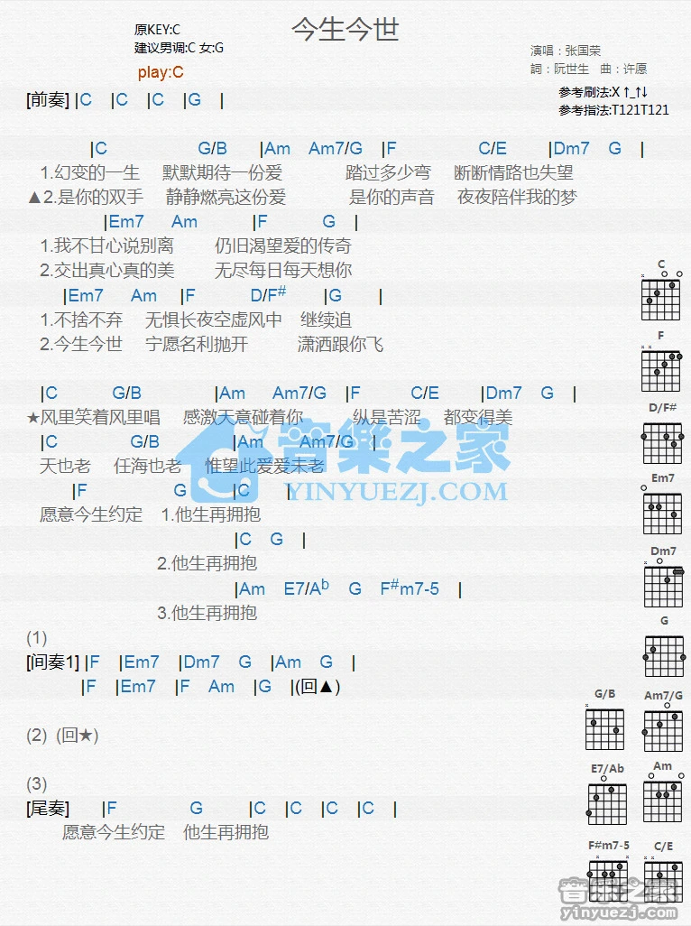 《今生今世》吉他和弦弹唱谱C调版吉它谱