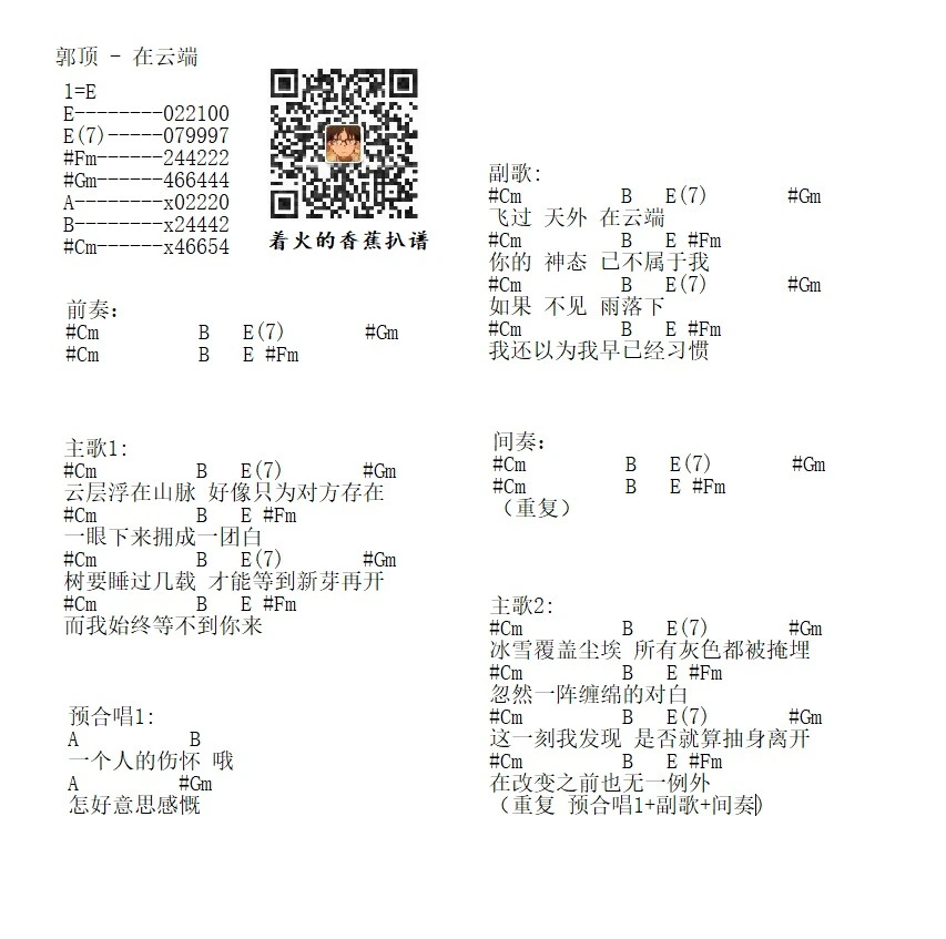 《在云端》吉他和弦弹唱谱吉它谱