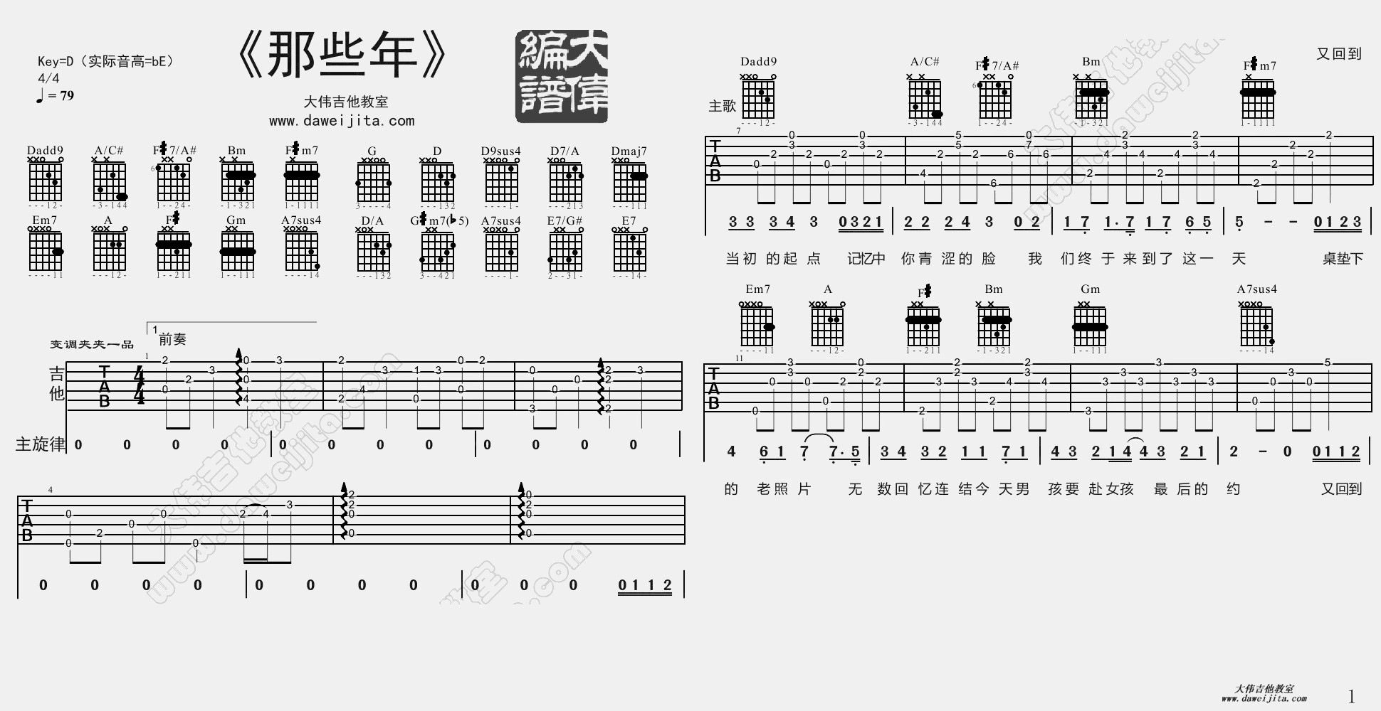 《那些年》吉他弹唱D调版吉它谱