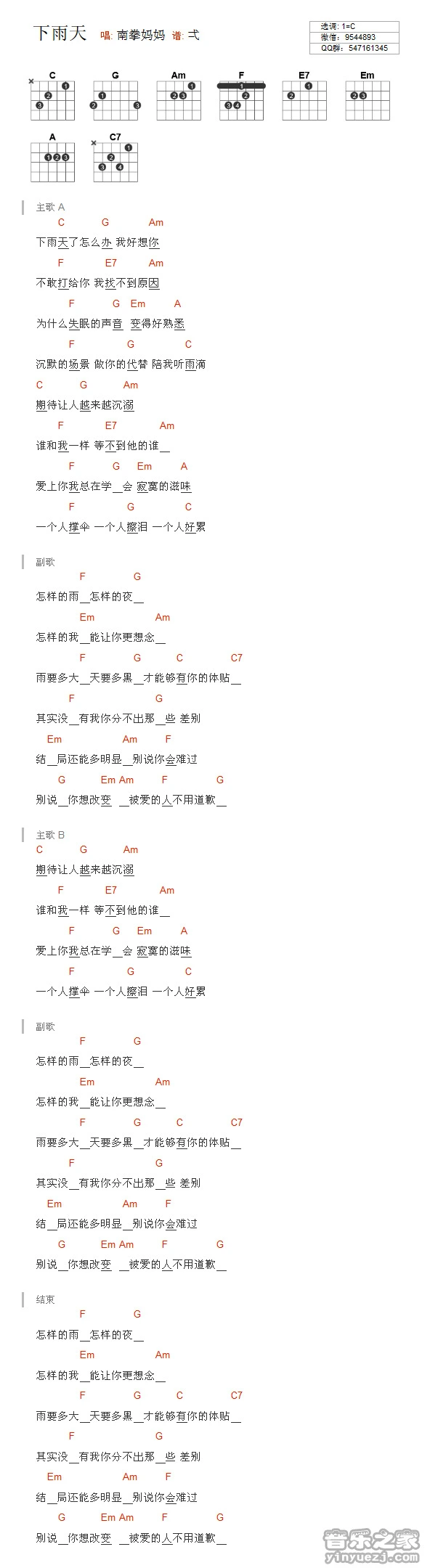 《下雨天》吉他和弦弹唱谱C调版吉它谱