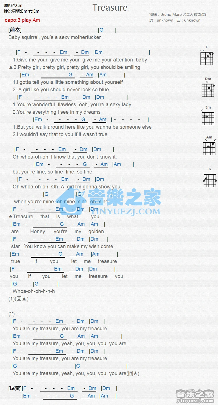 《Treasure》吉他和弦弹唱谱Am调版Bruno吉它谱