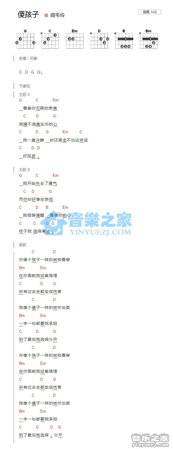 《傻孩子》吉他和弦弹唱谱G调版吉它谱