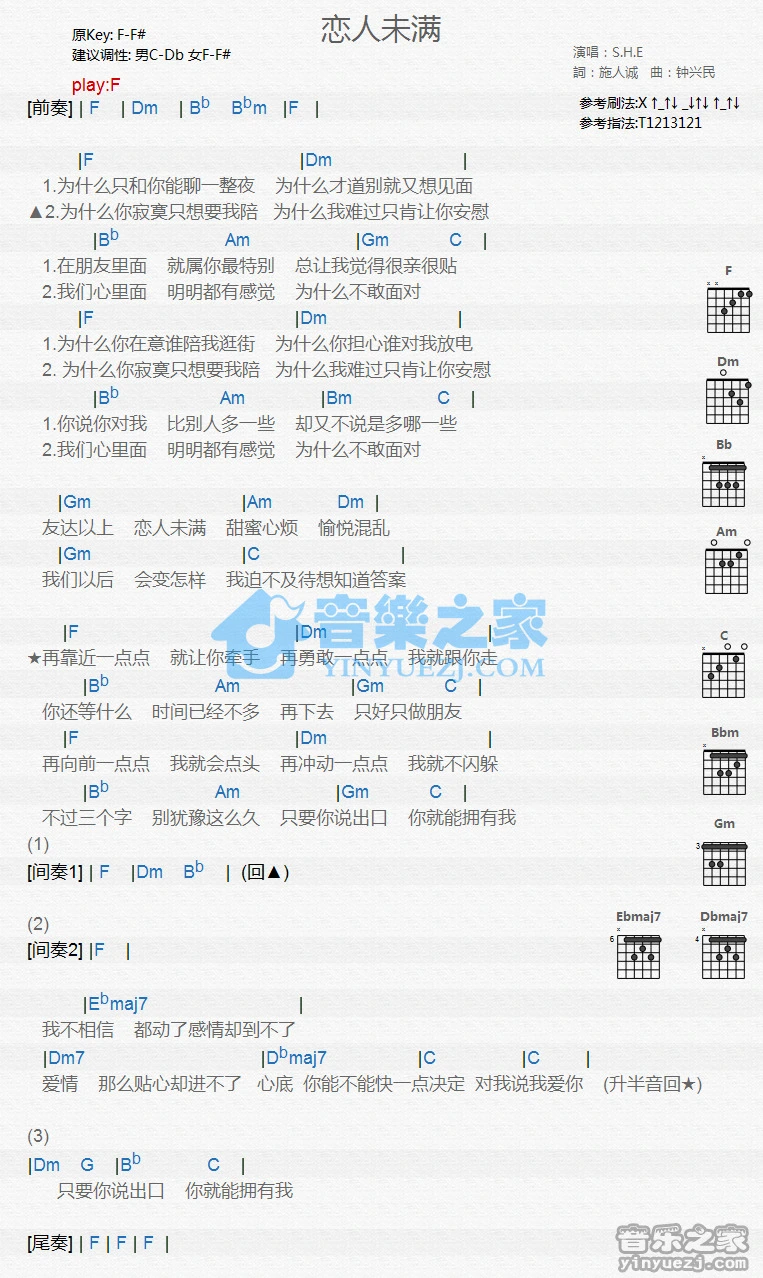 《恋人未满》吉他和弦弹唱谱F调版吉它谱