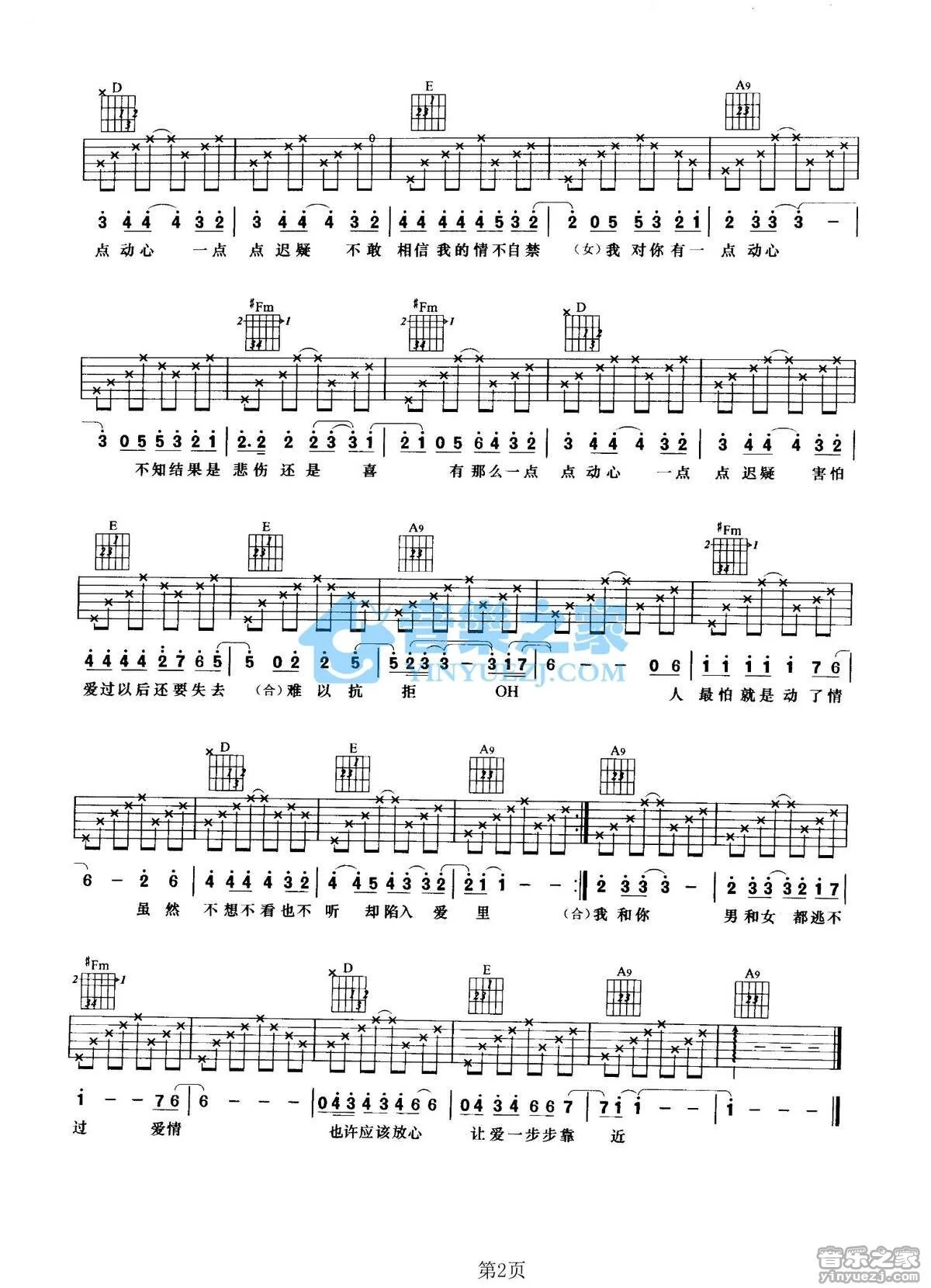 《有一点动心》吉他弹唱A调版吉它谱