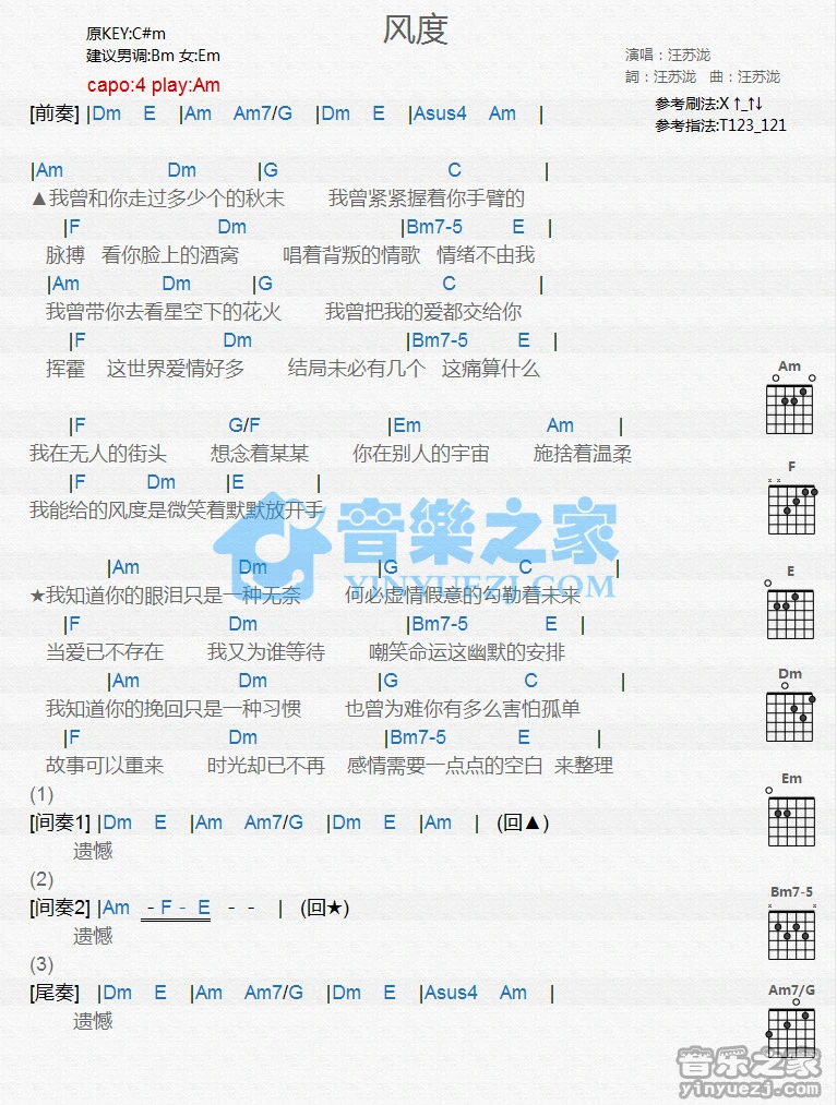 《风度》吉他和弦弹唱谱Am调版吉它谱