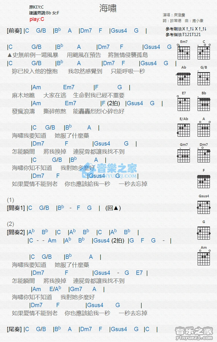 《海啸》吉他和弦弹唱谱C调版吉它谱