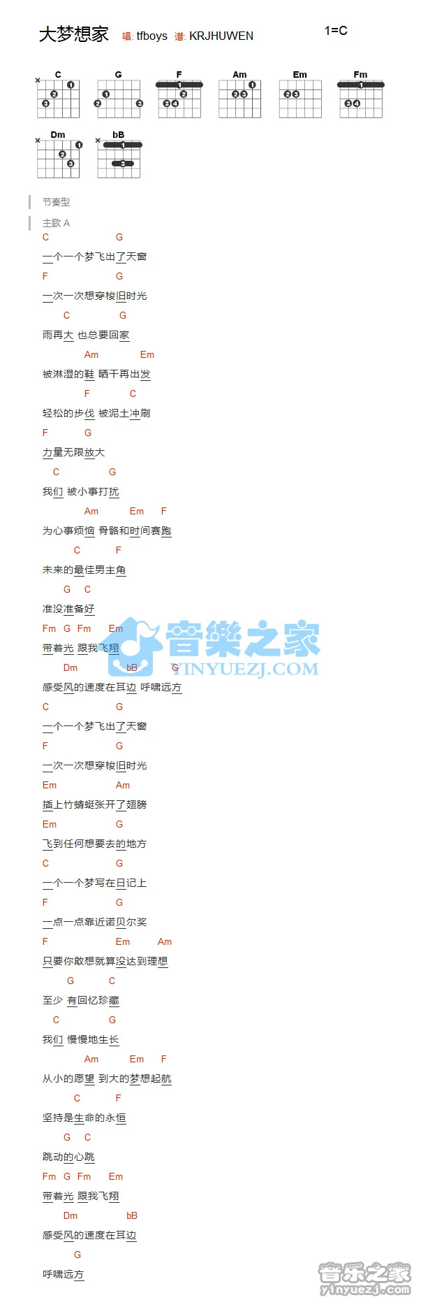 《大梦想家》吉他和弦弹唱谱C调版吉它谱