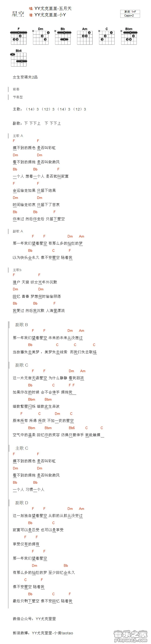 《星空》吉他和弦弹唱谱F调版吉它谱