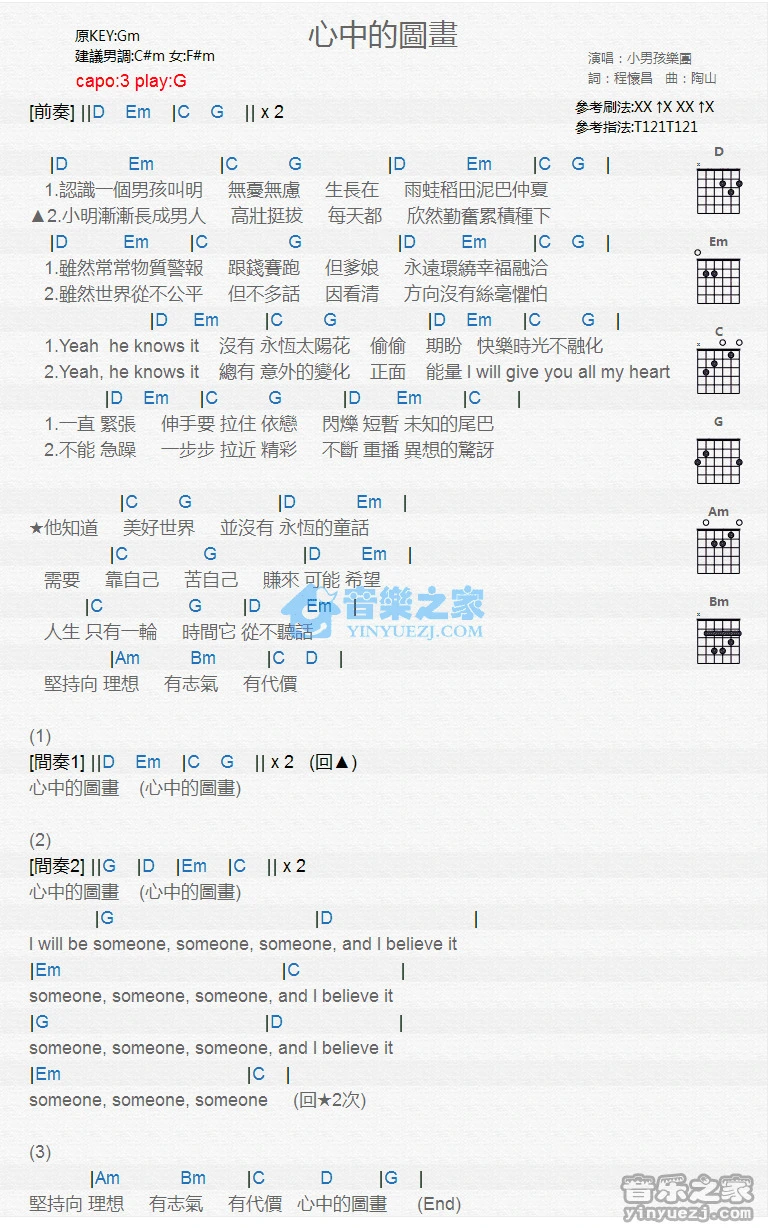 《心中的图画》吉他和弦弹唱谱G调版吉它谱