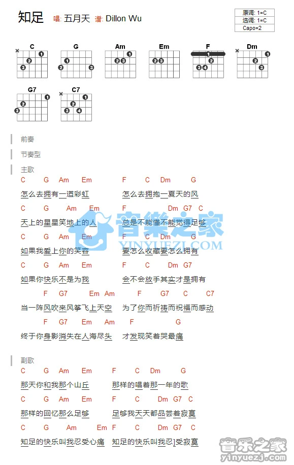 《知足》吉他和弦弹唱谱C调版吉它谱