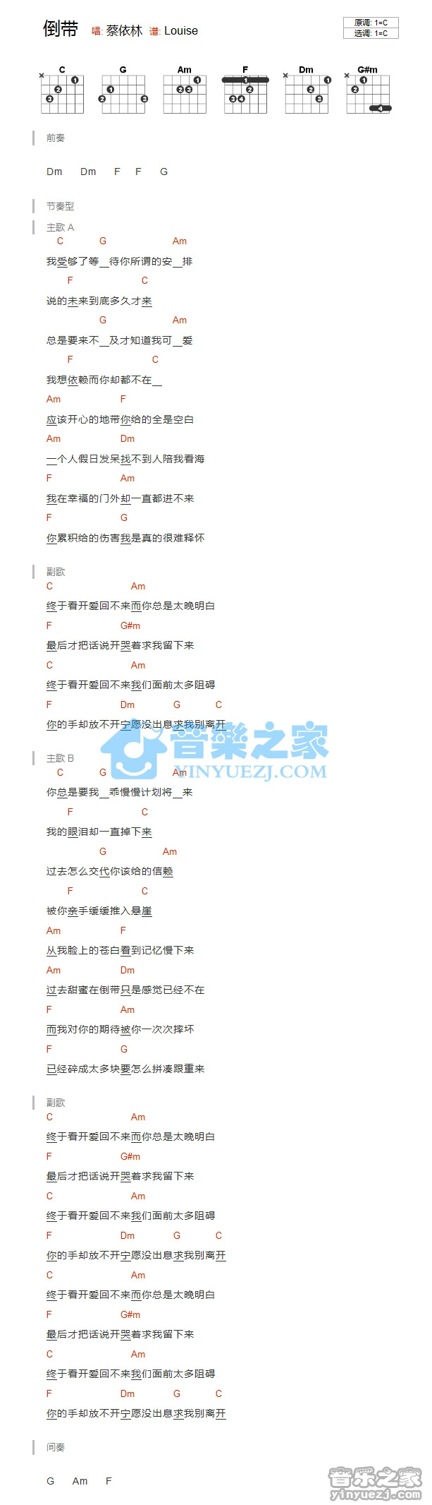 《倒带》吉他和弦弹唱谱C调版吉它谱