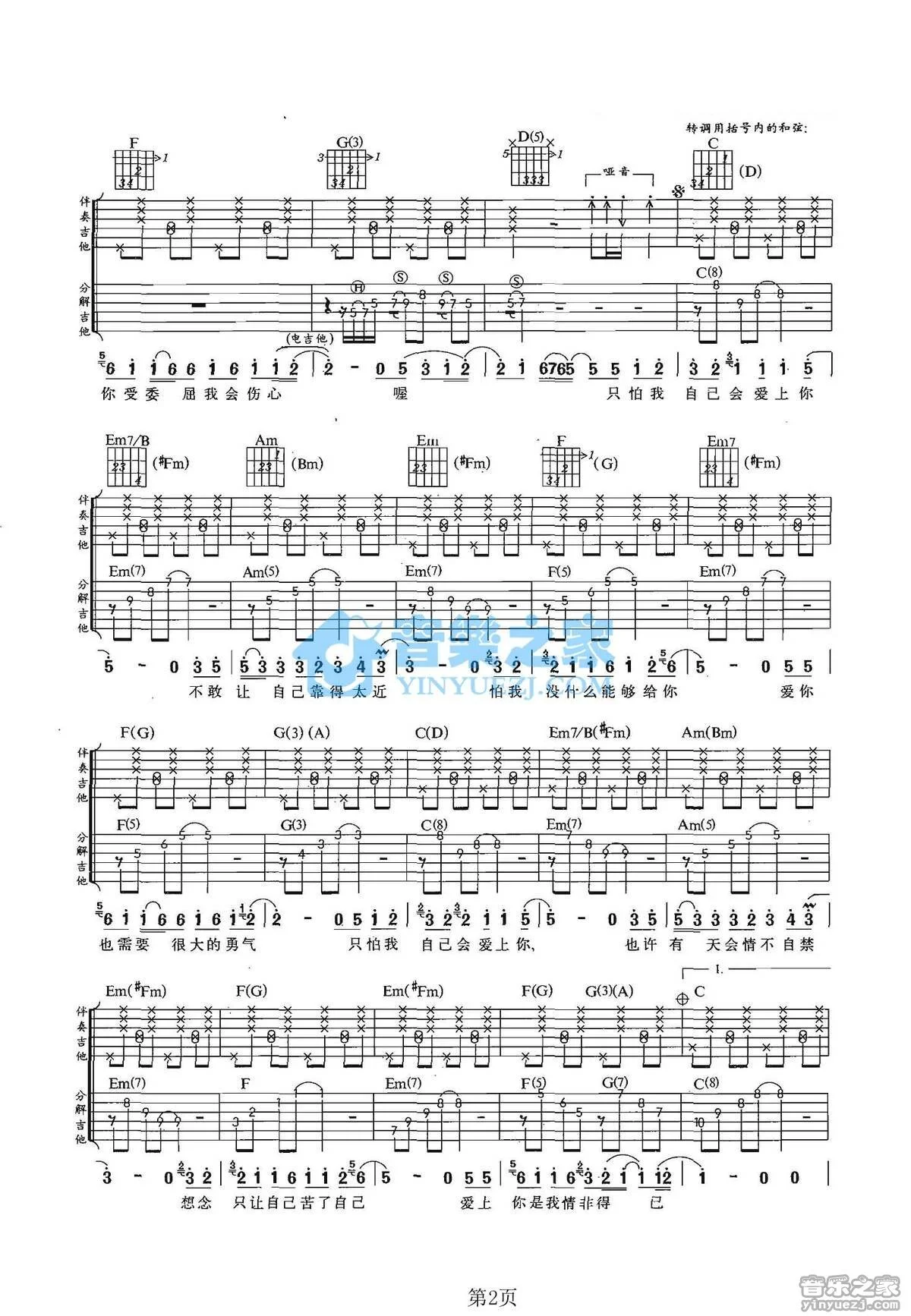 《情非得已》吉他弹唱C调双吉他版吉它谱