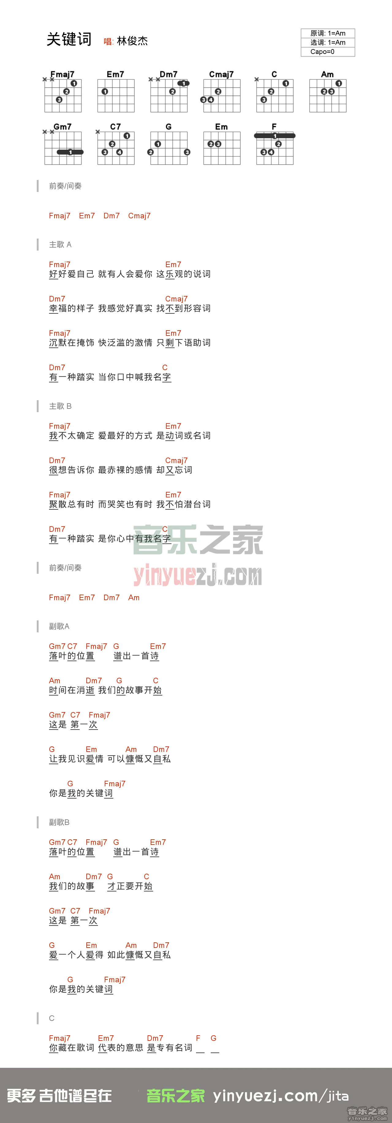 《关键词》吉他和弦弹唱谱吉它谱