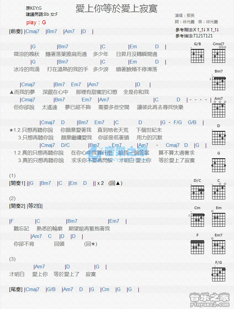 《爱上你等于爱上寂寞》吉他和弦弹唱谱G调版吉它谱